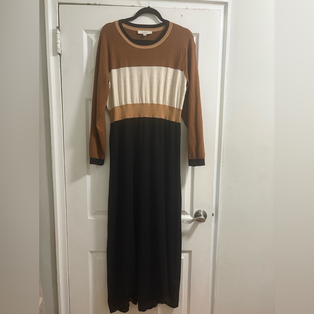 LOFT Long Sleeve Colorblock Dress - Brown, Cream, Black